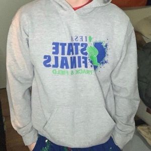 Mens Medium Grey Track Hoodie Sweater Jacket Hood State Track Badges Patches Win